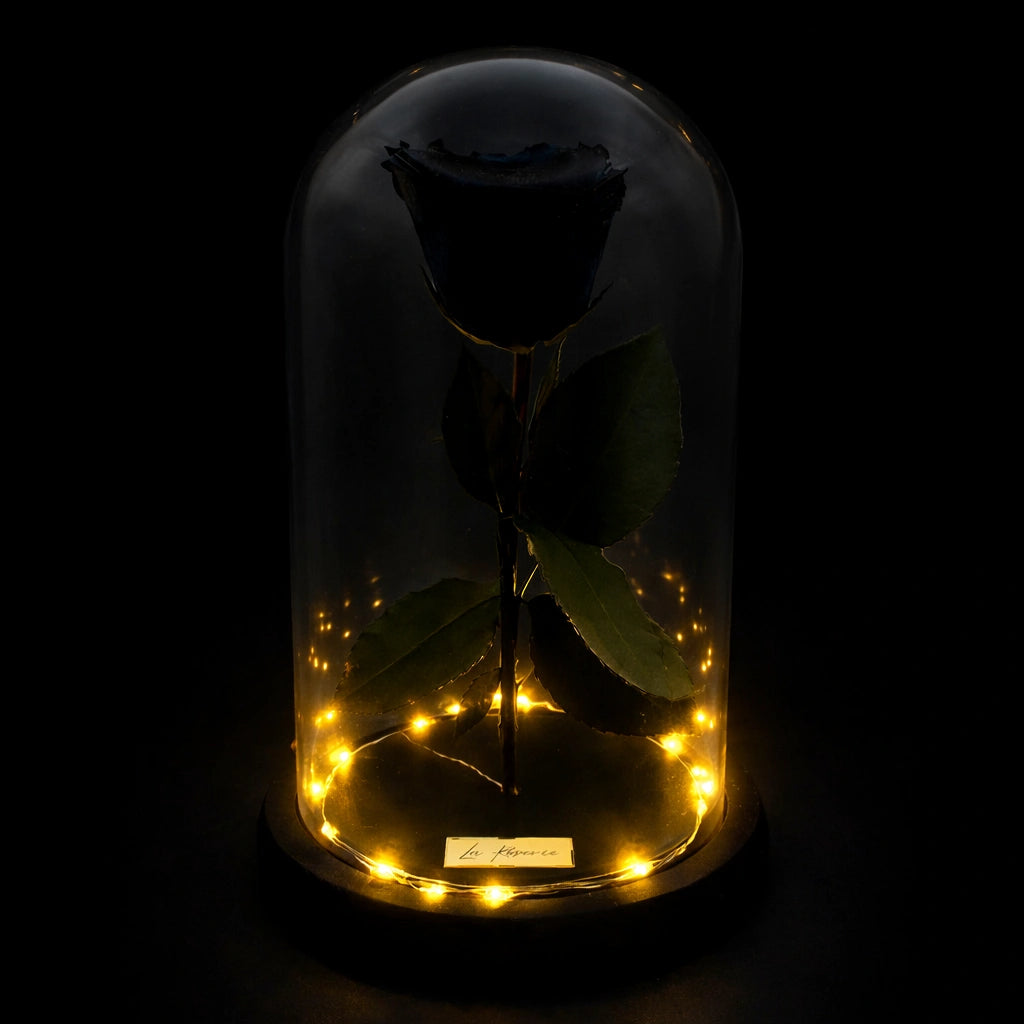 fekete örök rózsa üvegben, LED világítással