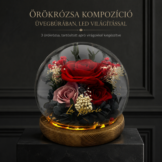 örökrózsa kompozíció üvegbúrában, led világítással