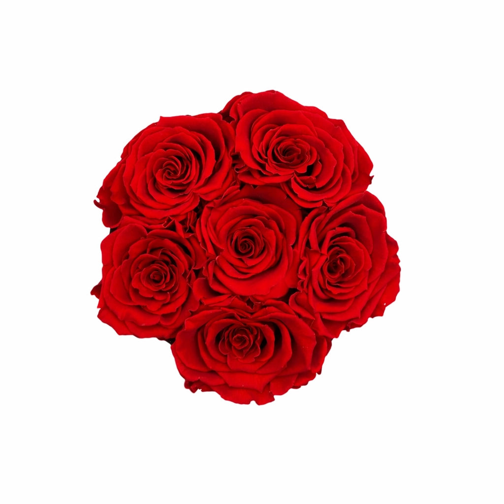 6 szál vörös örökrózsa fehér kalapdobozban