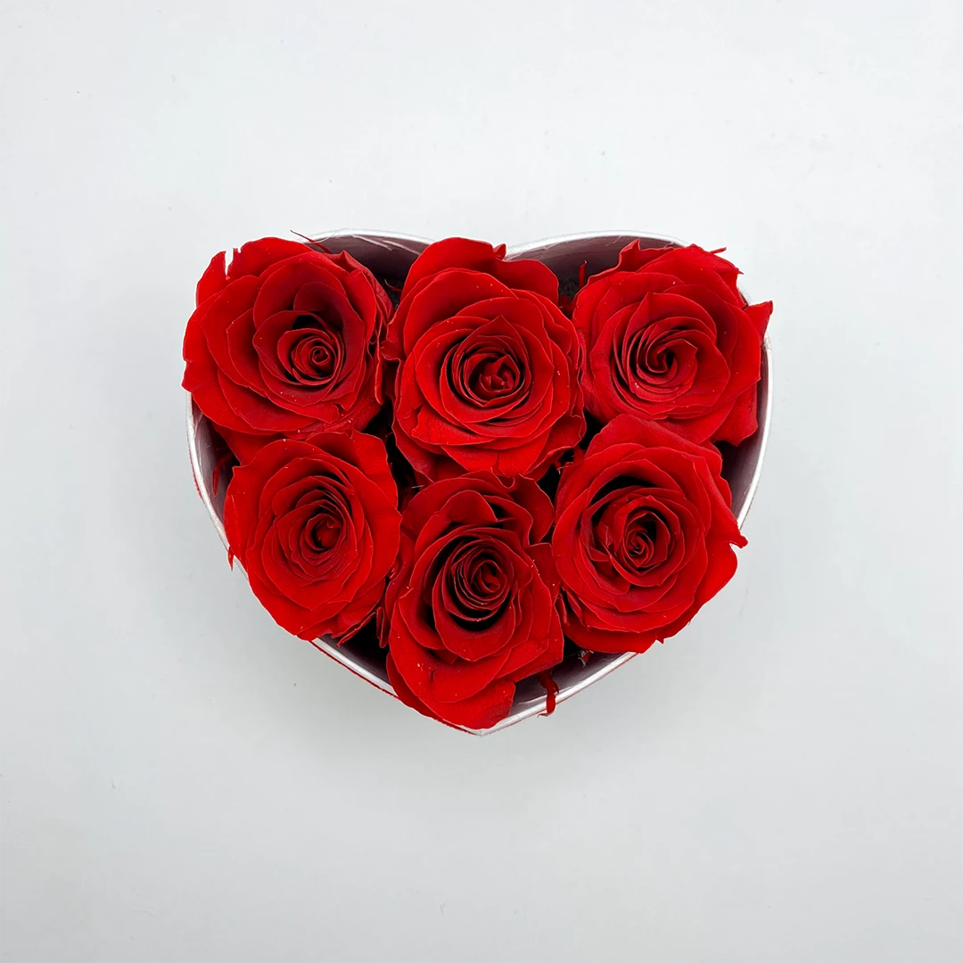 6 kisfejű örökrózsa szív dobozban