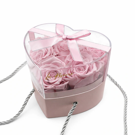 6 szál rózsaszín örökrózsa szív alakú dobozban