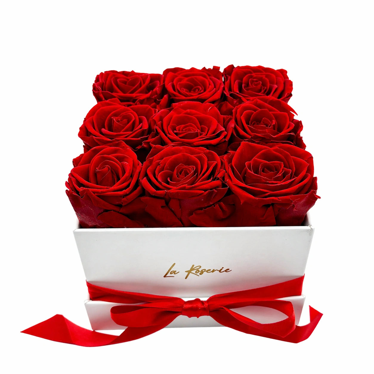 9 örökrózsa fehér kocka rózsabox tartósított vörös rózsa