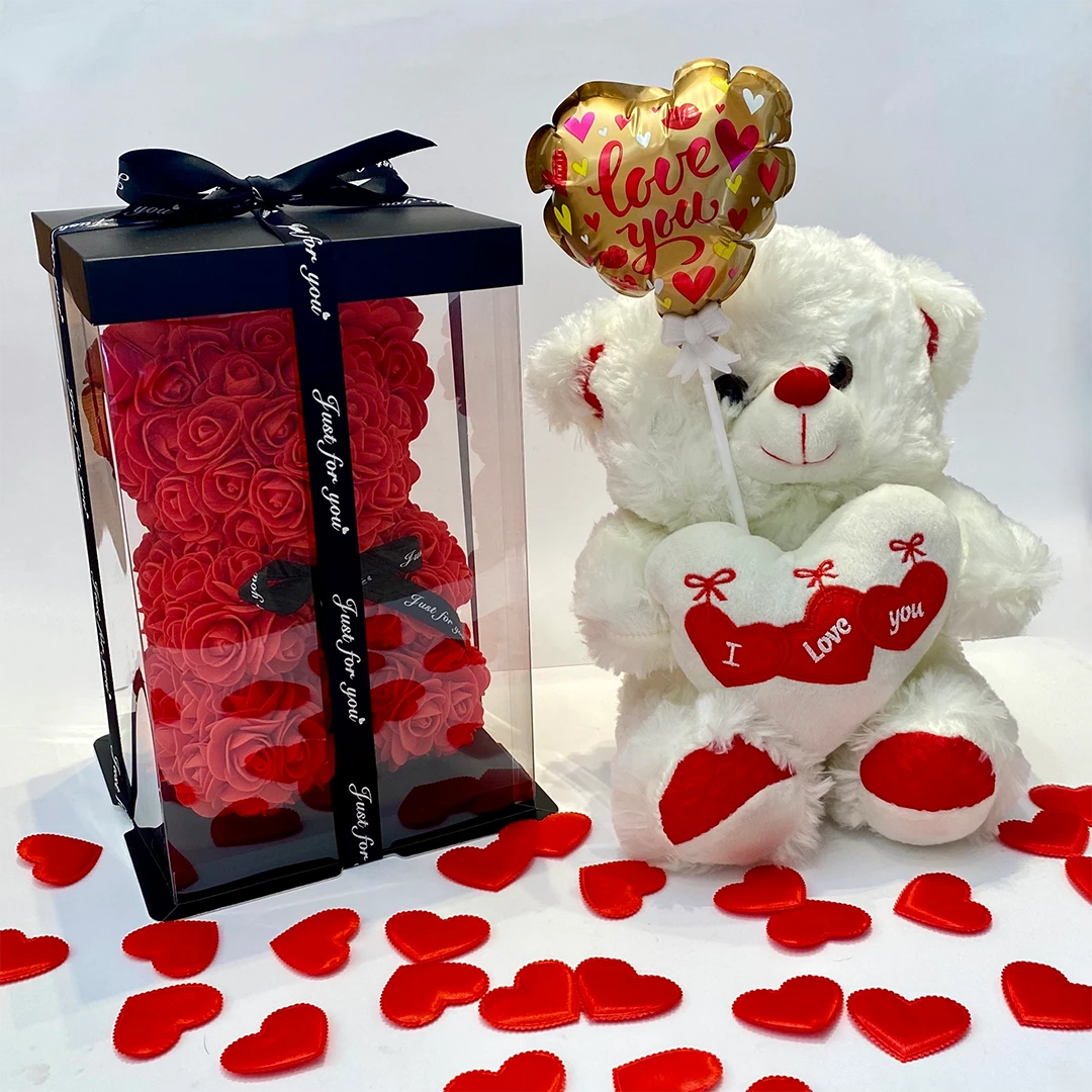 szett rózsamacival, plüss macival, önfelfújó lufival