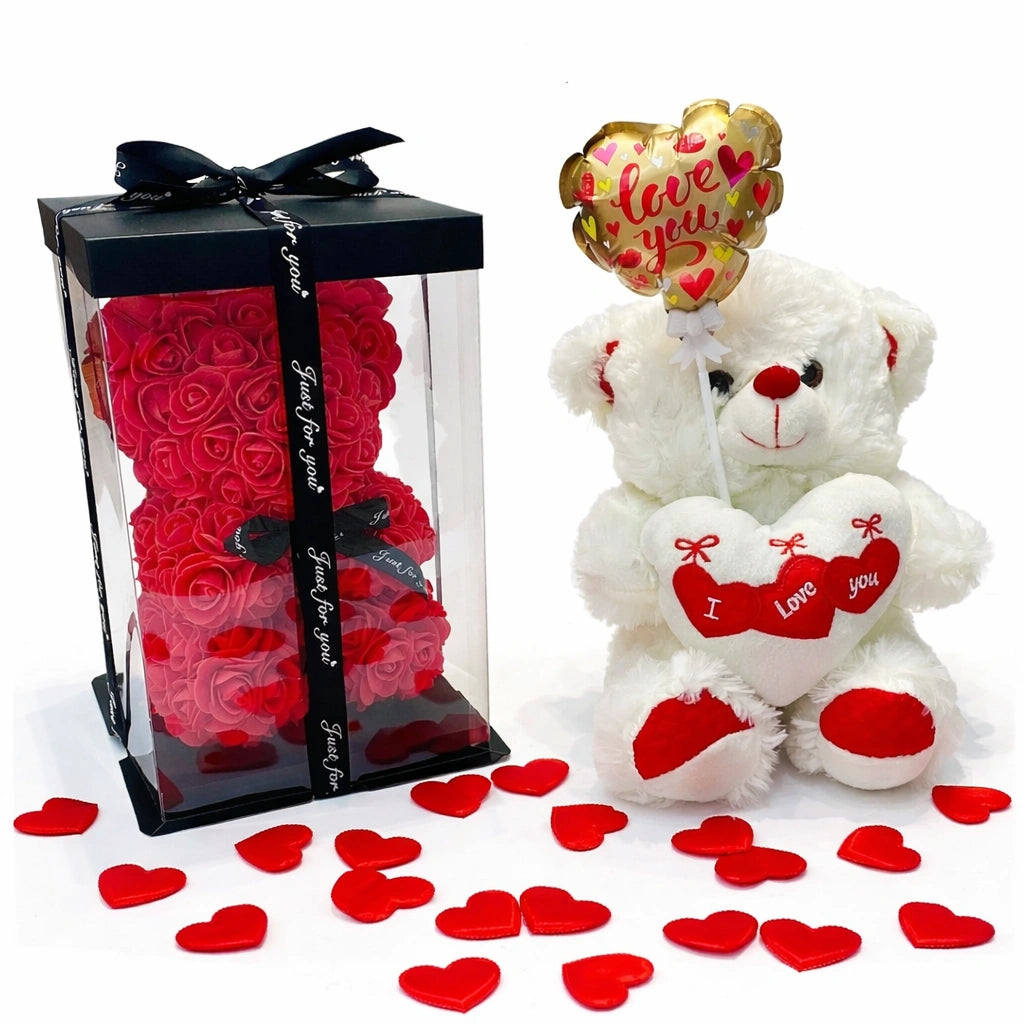 szett rózsamacival, plüss macival, önfelfújó lufival