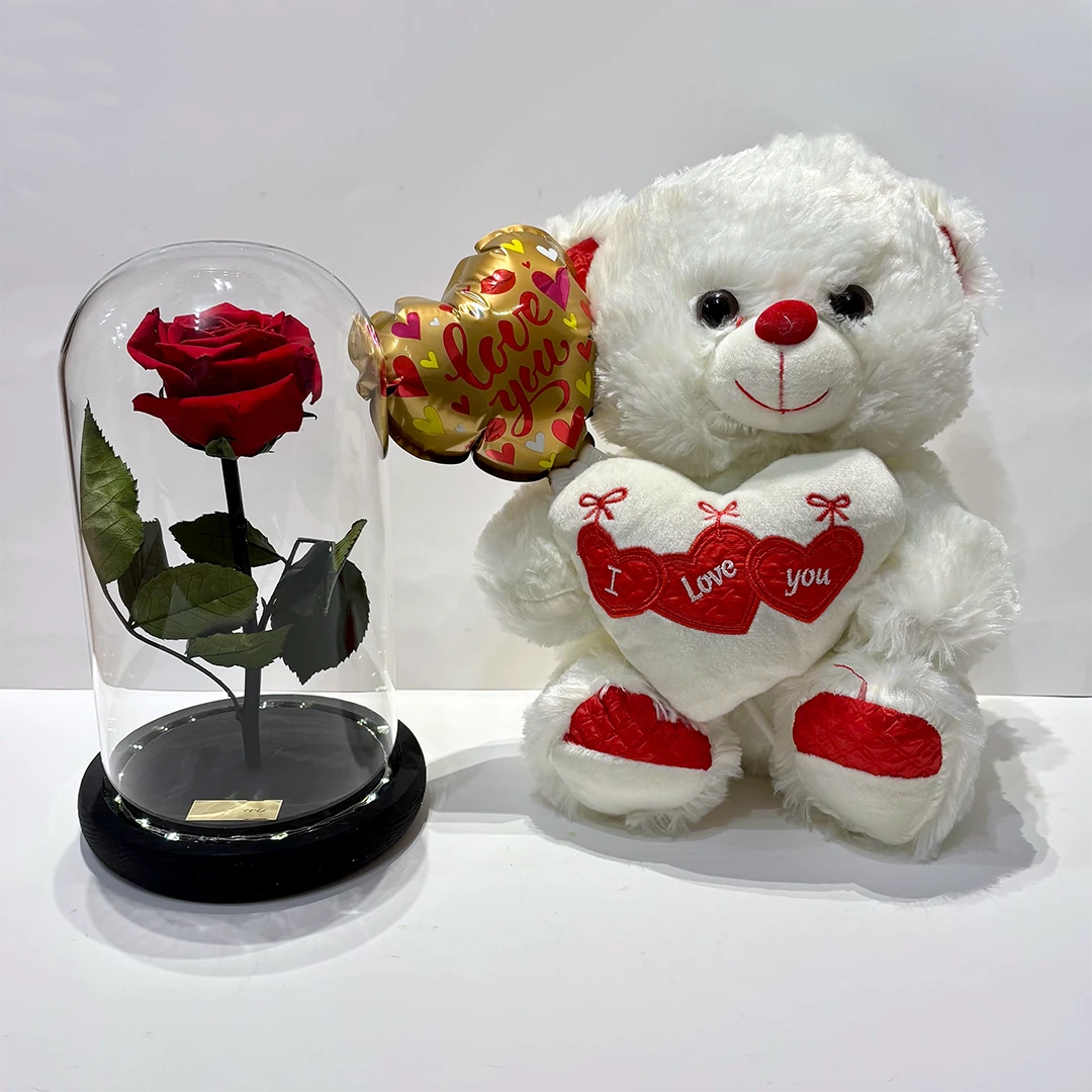 ajándékszett maci rózsa lufi