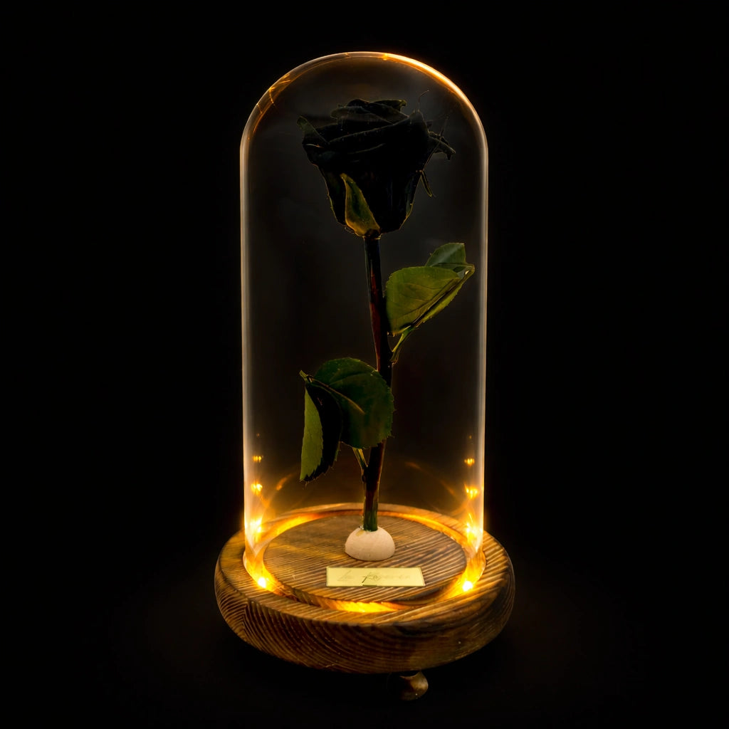 fekete örökrózsa üvegburában LED világítással