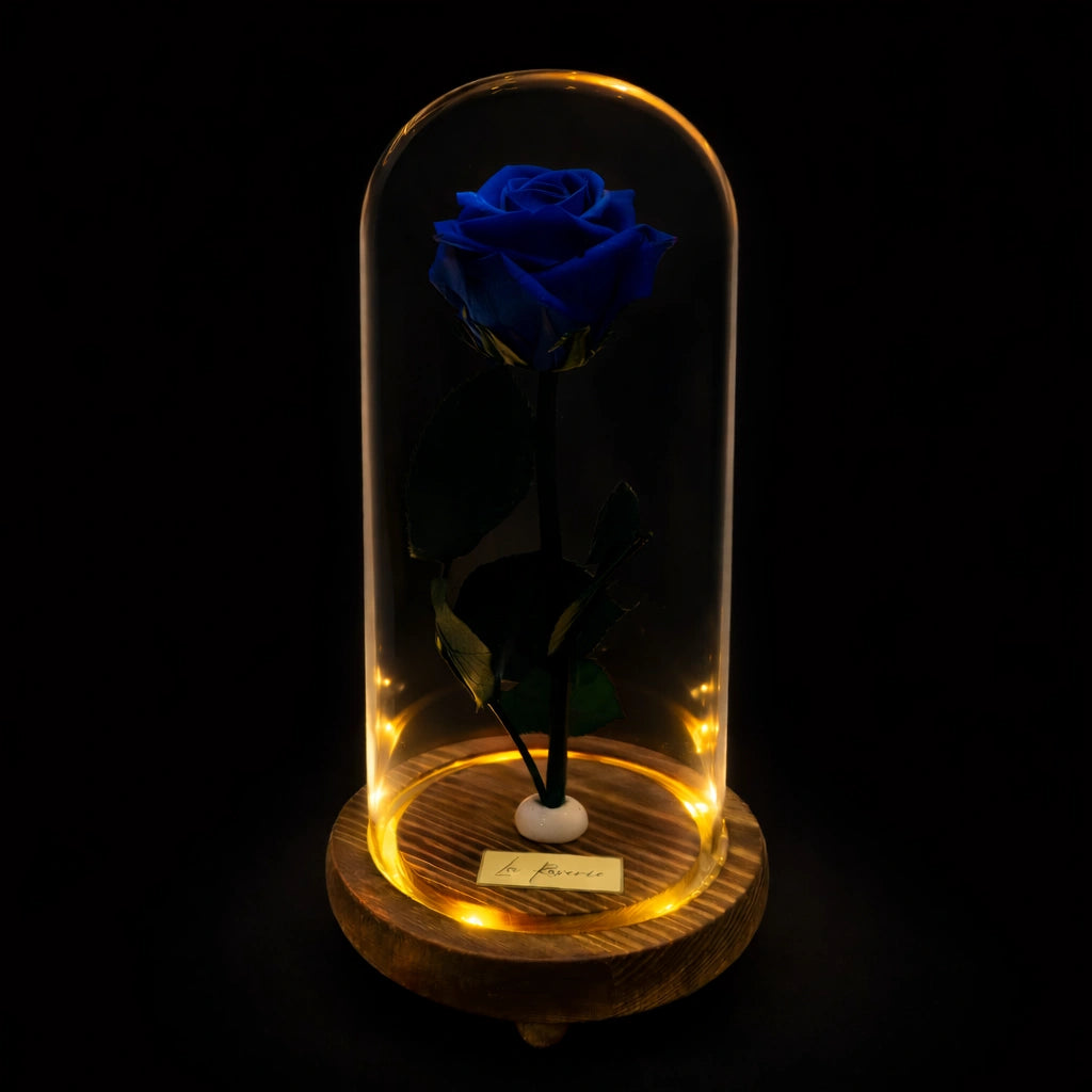 La Roserie üvegburás kék örökrózsa LED világítással