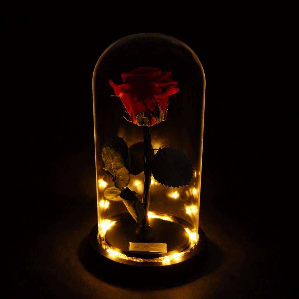 örök rózsa üvegben, led világítással