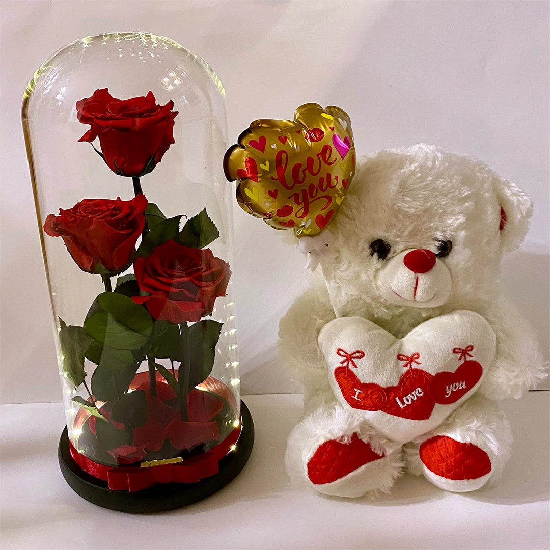 rózsa óriás ajándékszett plüss macival, lufival