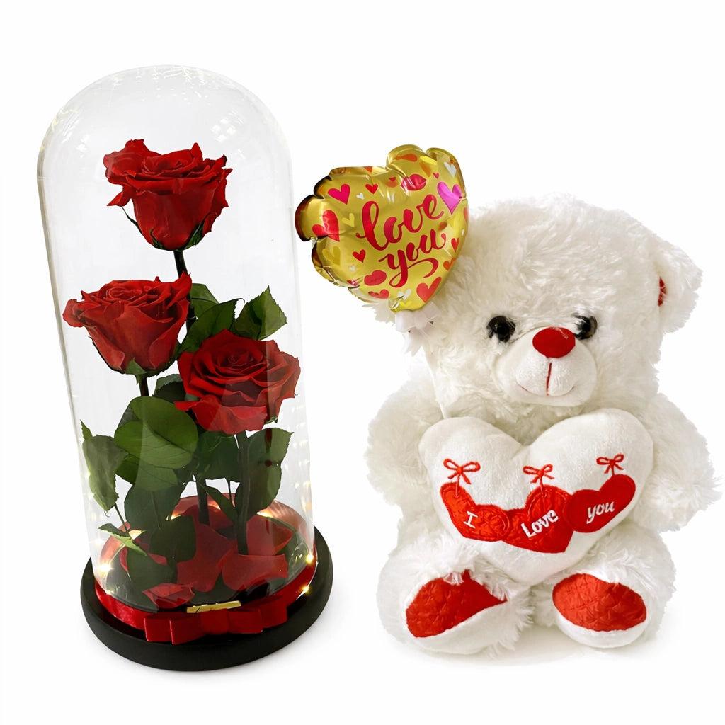 rózsa óriás ajándékszett plüss macival, lufival