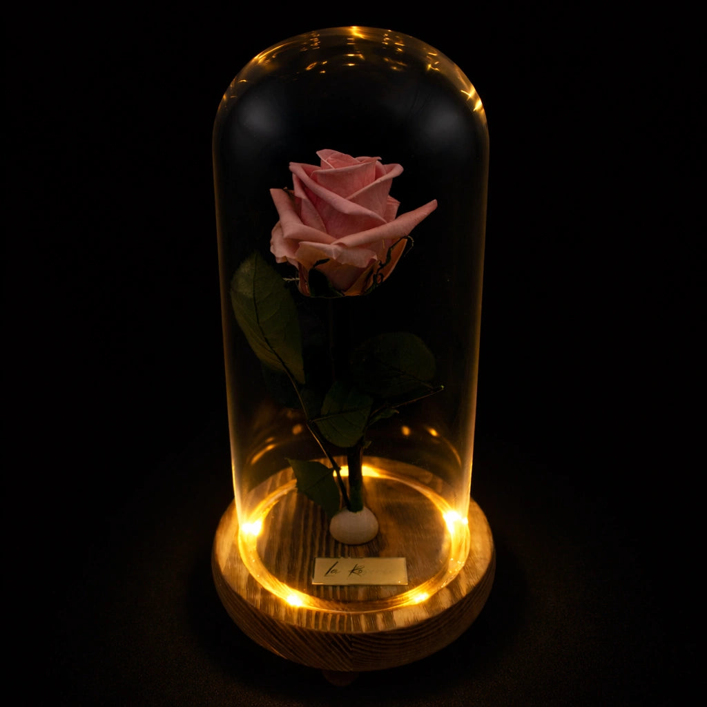 rózsaszín örökrózsa burában LED világítással