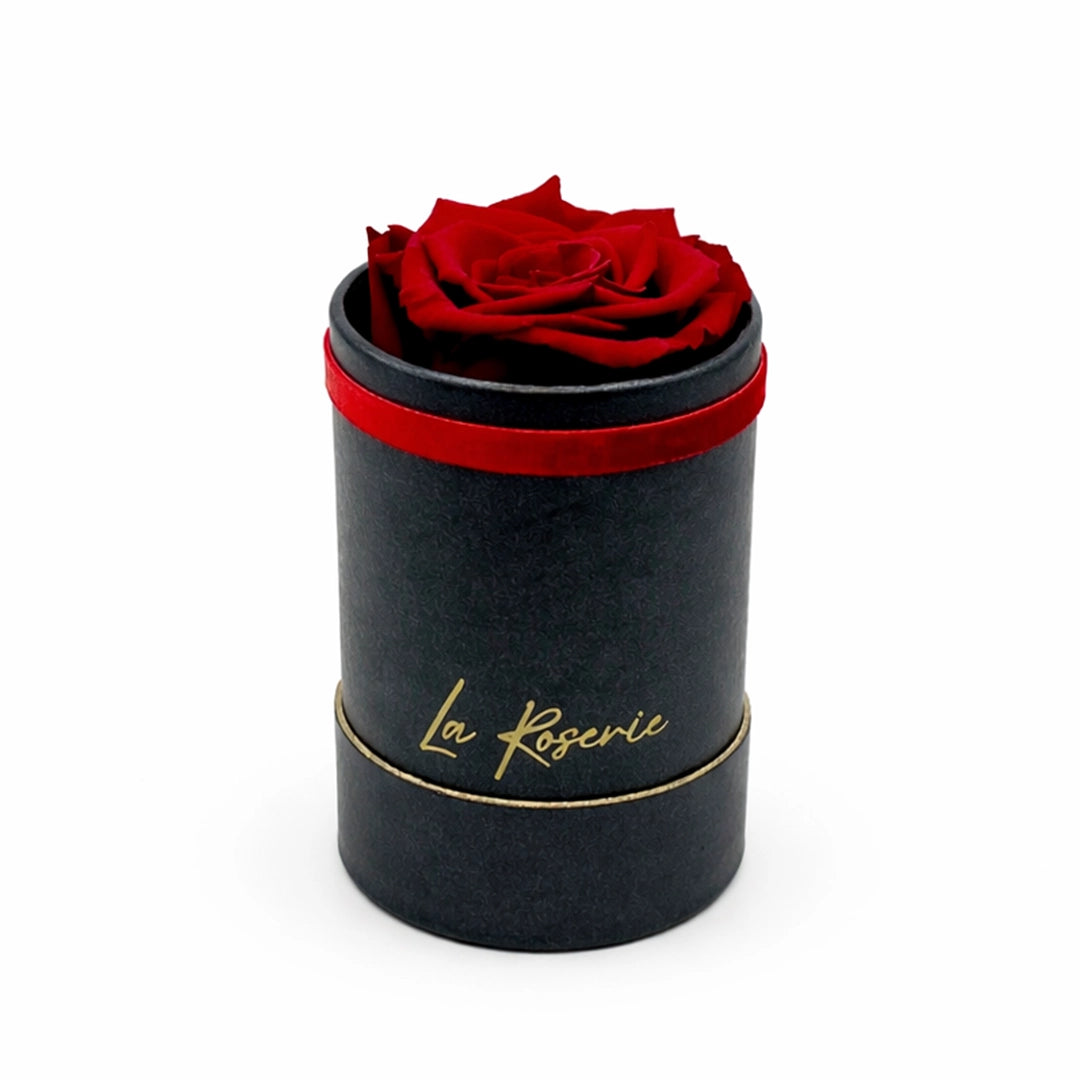 egy szál vörös örökrózsa fekete kalapdobozban